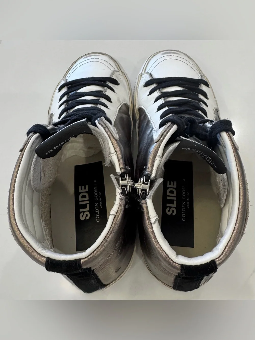 Golden Goose Size 36 US 6 Slide distressed Leather And Lurex High Top Sneakers